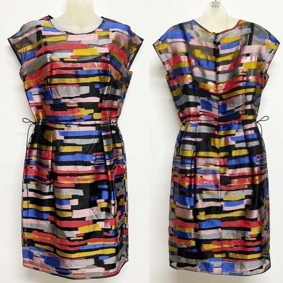 Escada Womens Silk Blend Sheer Multicolor Abstract A Line Belted Dress Size 38 - Picture 1 of 10